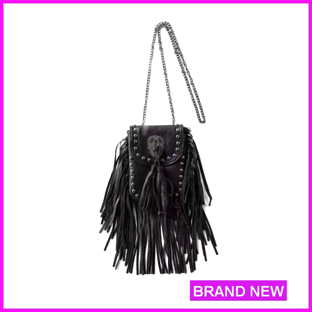 Y2k Punk Fringe Crossbody Bag With Skull Rivets Vegan Leather Shoulder Purse